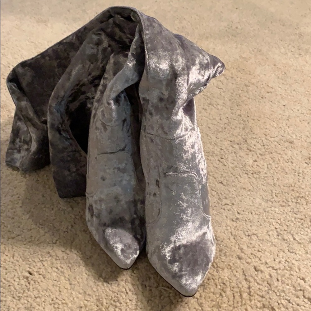 SILVER/GRAY crushed velvet Thigh-Hi  boots-NWOT